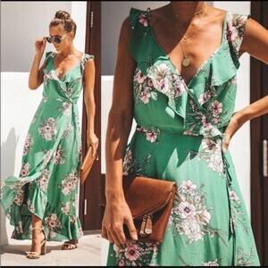 For Good Green Floral Wrap Dress Size S